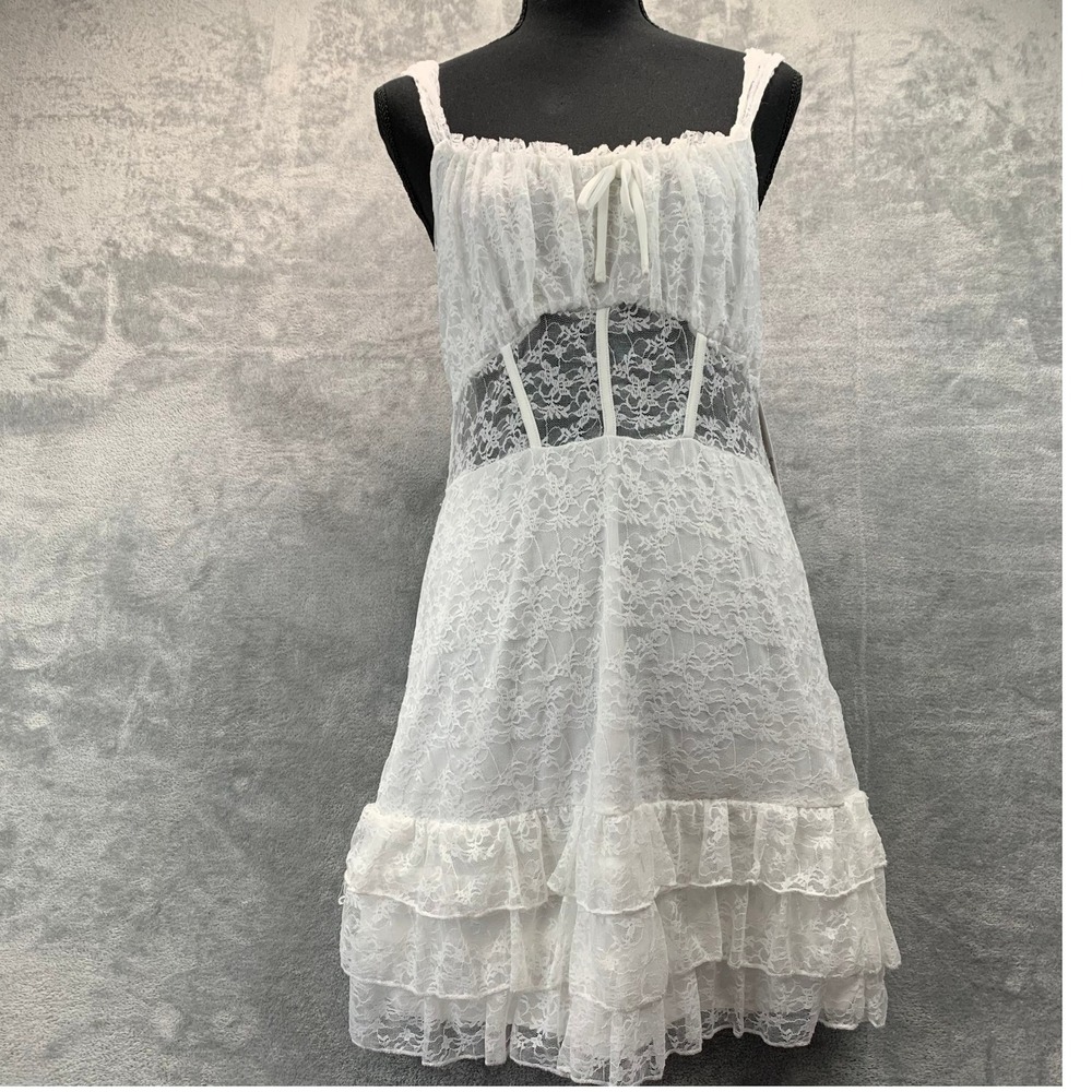 White Lace Mini Dress Ruffle Hem Sheer Waist Corset NWT Juniors XL Womens M